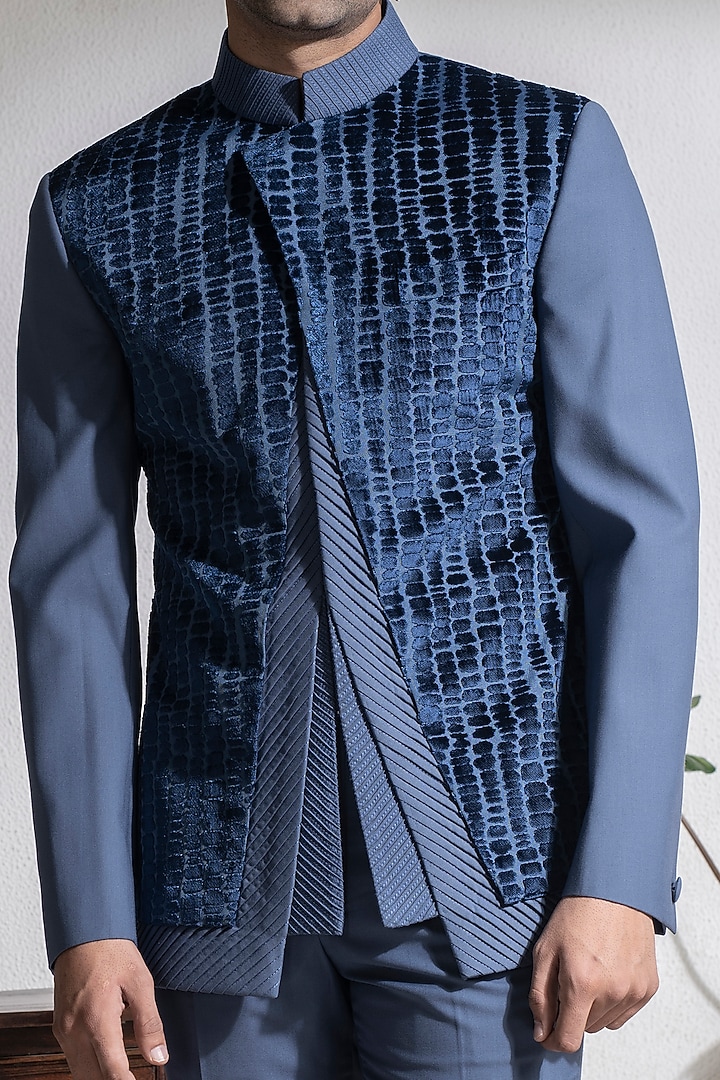 Emerald Blue Terry Rayon Wedding Bandhgala Set by Abkasa at Pernia's Pop Up Shop