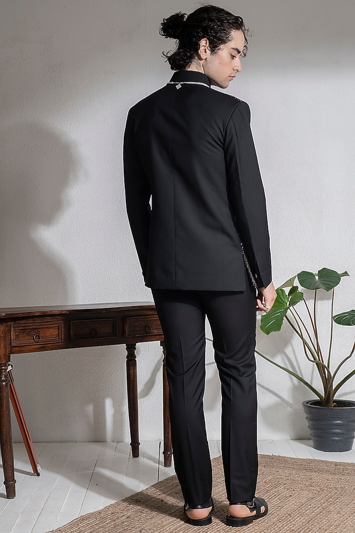 Black Terry Rayon Embroidered Bandhgala Set by Abkasa at Pernia's Pop Up Shop