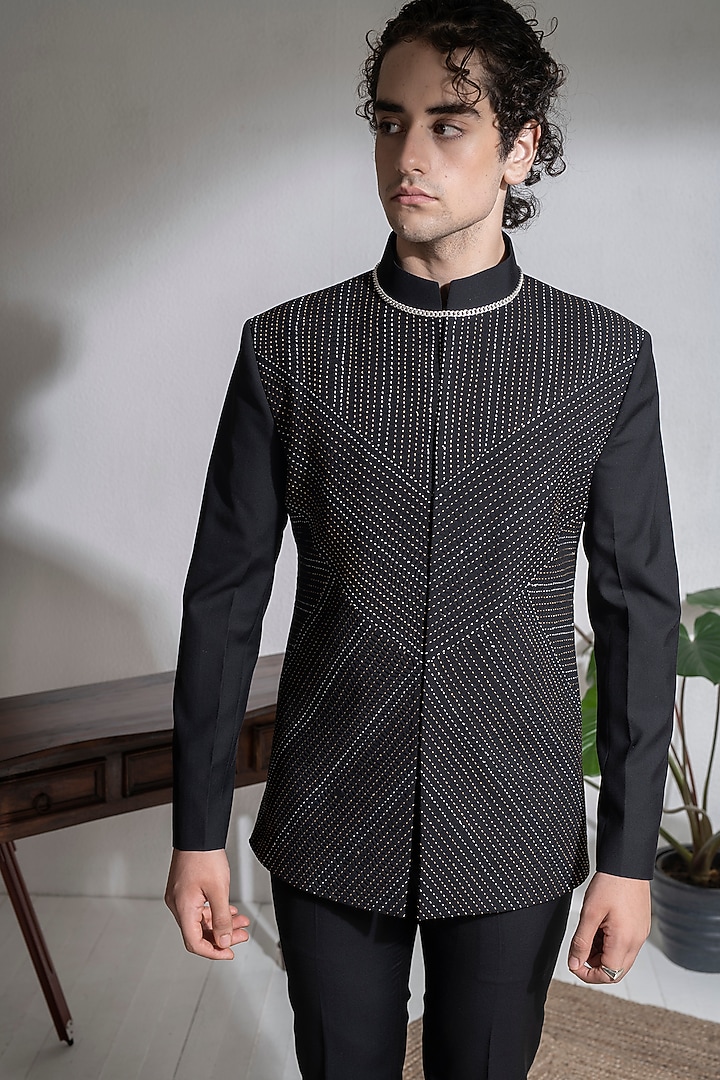Black Terry Rayon Embroidered Bandhgala Set by Abkasa at Pernia's Pop Up Shop