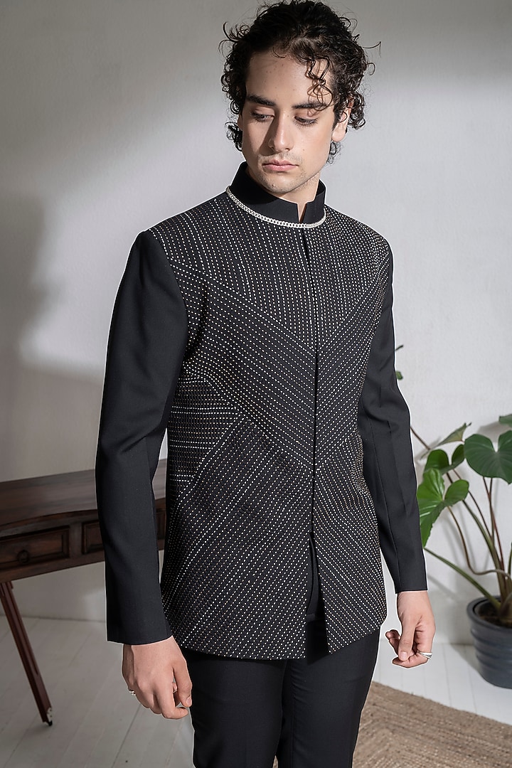 Black Terry Rayon Embroidered Bandhgala Set by Abkasa at Pernia's Pop Up Shop