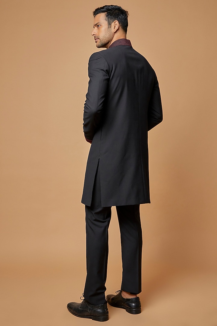 Black Terry Rayon Embroidered Wedding Indowestern Set by Abkasa at Pernia's Pop Up Shop
