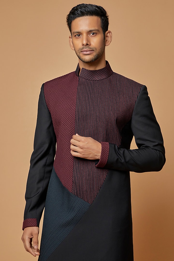 Black Terry Rayon Embroidered Wedding Indowestern Set by Abkasa at Pernia's Pop Up Shop