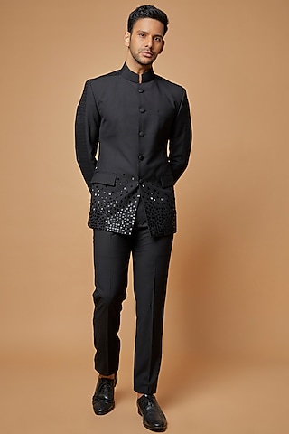 Black Terry Rayon Embroidered Bandhgala Set by Abkasa