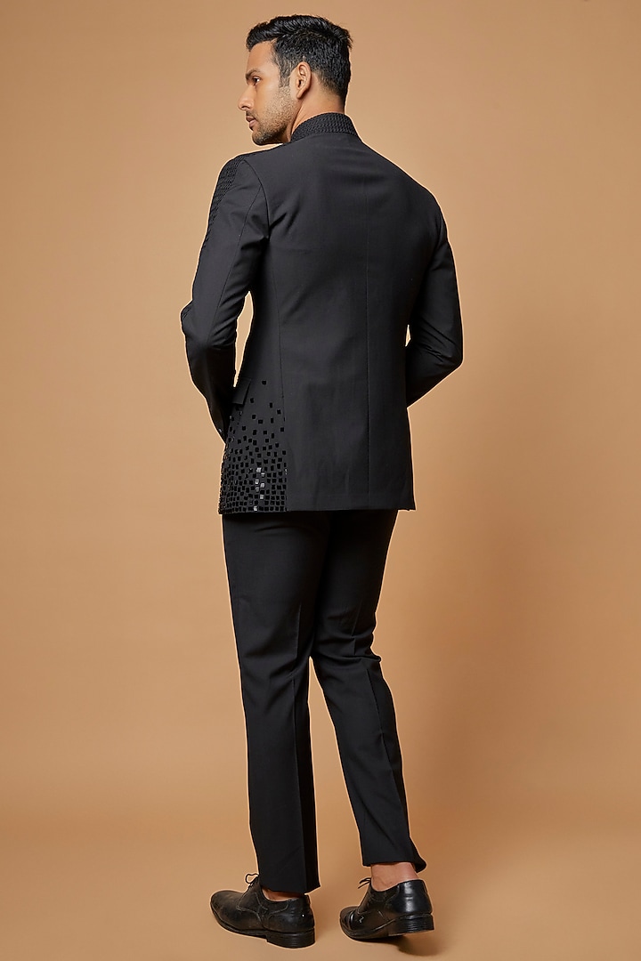 Black Terry Rayon Embroidered Wedding Bandhgala Set by Abkasa at Pernia's Pop Up Shop