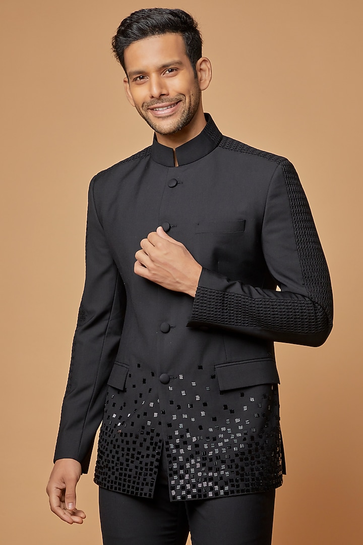 Black Terry Rayon Embroidered Wedding Bandhgala Set by Abkasa at Pernia's Pop Up Shop
