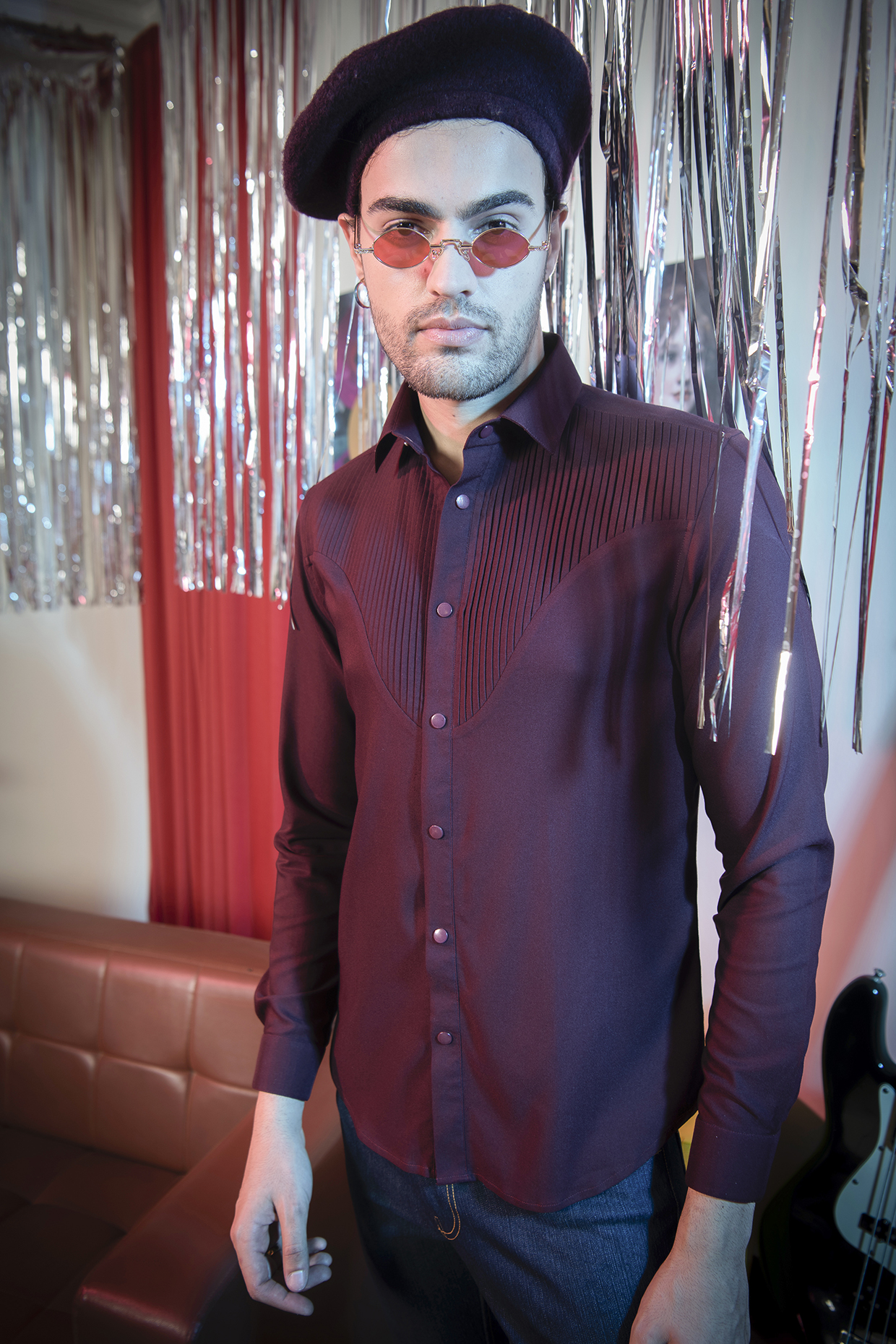 Maroon Stretch Poly Viscose Shirt by Abkasa