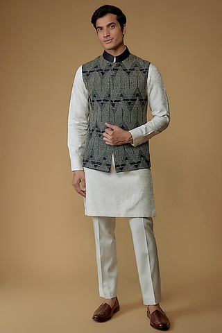 Black Indian Dupion Beads Embroidered Nehru Jacket by Abkasa