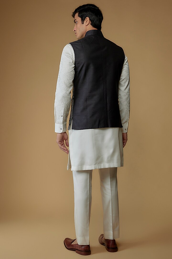Black Indian Dupion Beads Embroidered Nehru Jacket by Abkasa at Pernia's Pop Up Shop