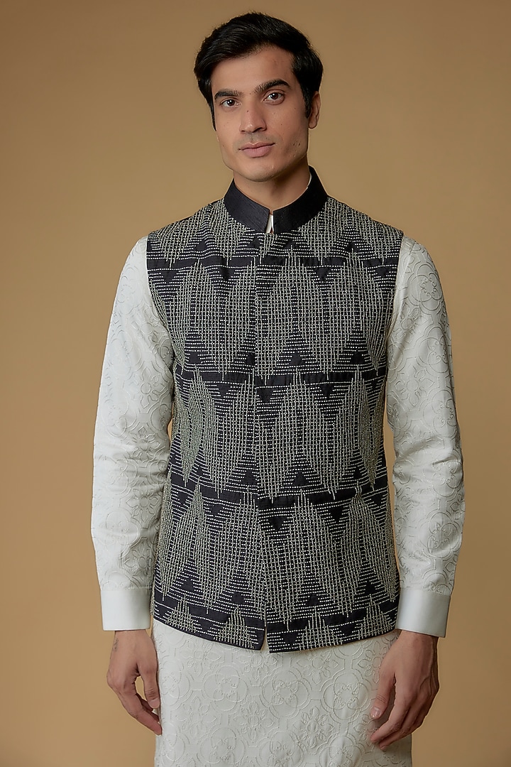 Black Indian Dupion Beads Embroidered Nehru Jacket by Abkasa at Pernia's Pop Up Shop