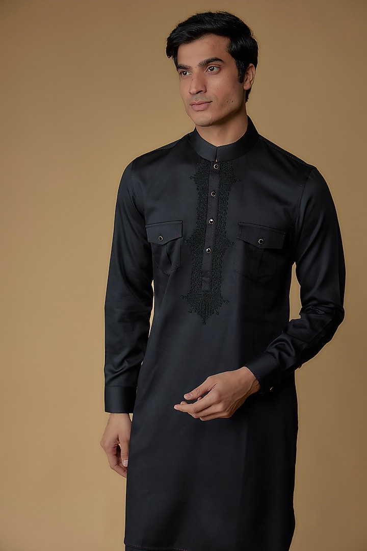 Black Modal Satin Bead Embroidered Kurta Set by Abkasa at Pernia's Pop Up Shop