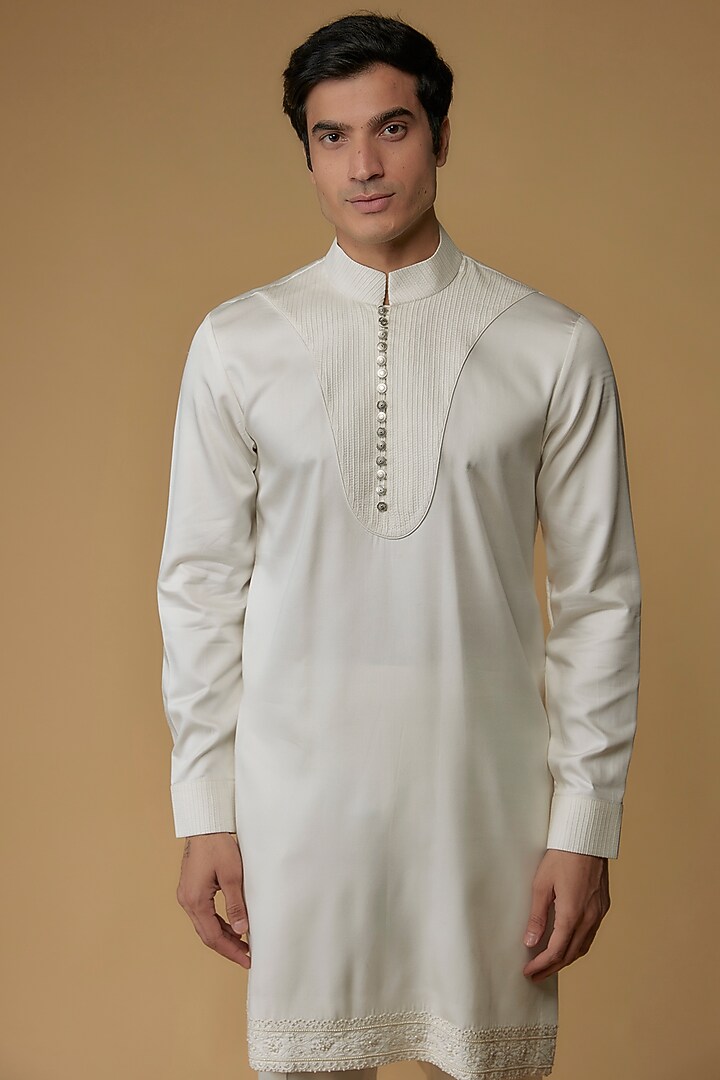 Ivory Modal Satin Embroidered Kurta Set by Abkasa at Pernia's Pop Up Shop