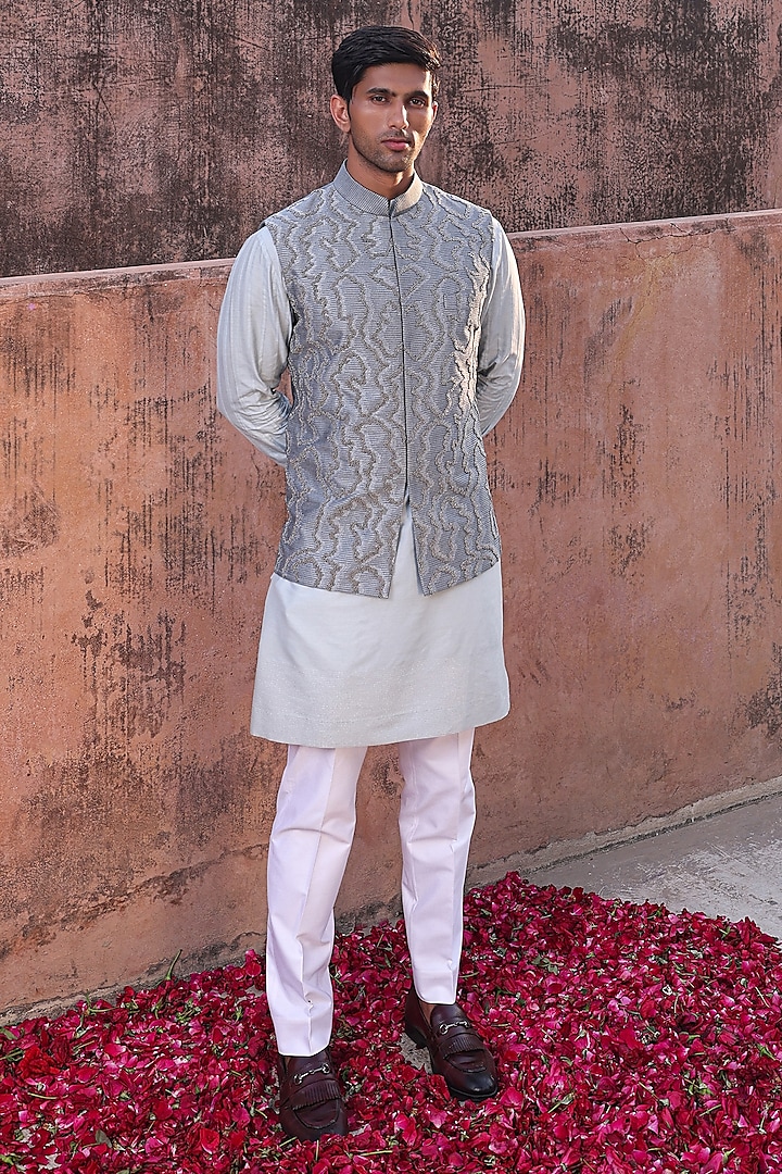 Sky Blue Dupion & Katan Silk Nehru Jacket Set by Abkasa