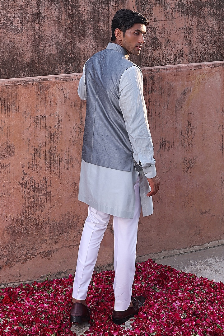 Sky Blue Dupion & Katan Silk Nehru Jacket Set by Abkasa at Pernia's Pop Up Shop