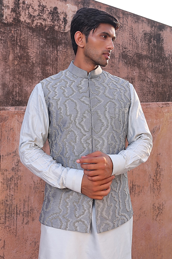 Sky Blue Dupion & Katan Silk Nehru Jacket Set by Abkasa at Pernia's Pop Up Shop