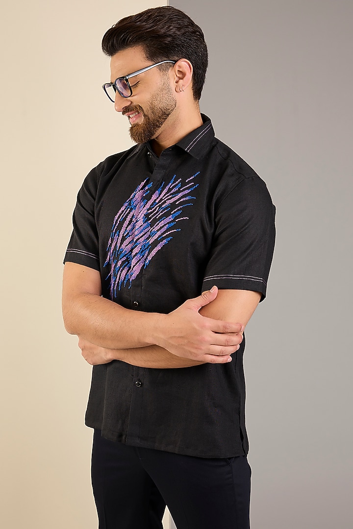 Black Linen Party Wear Shirt by Abkasa at Pernia's Pop Up Shop