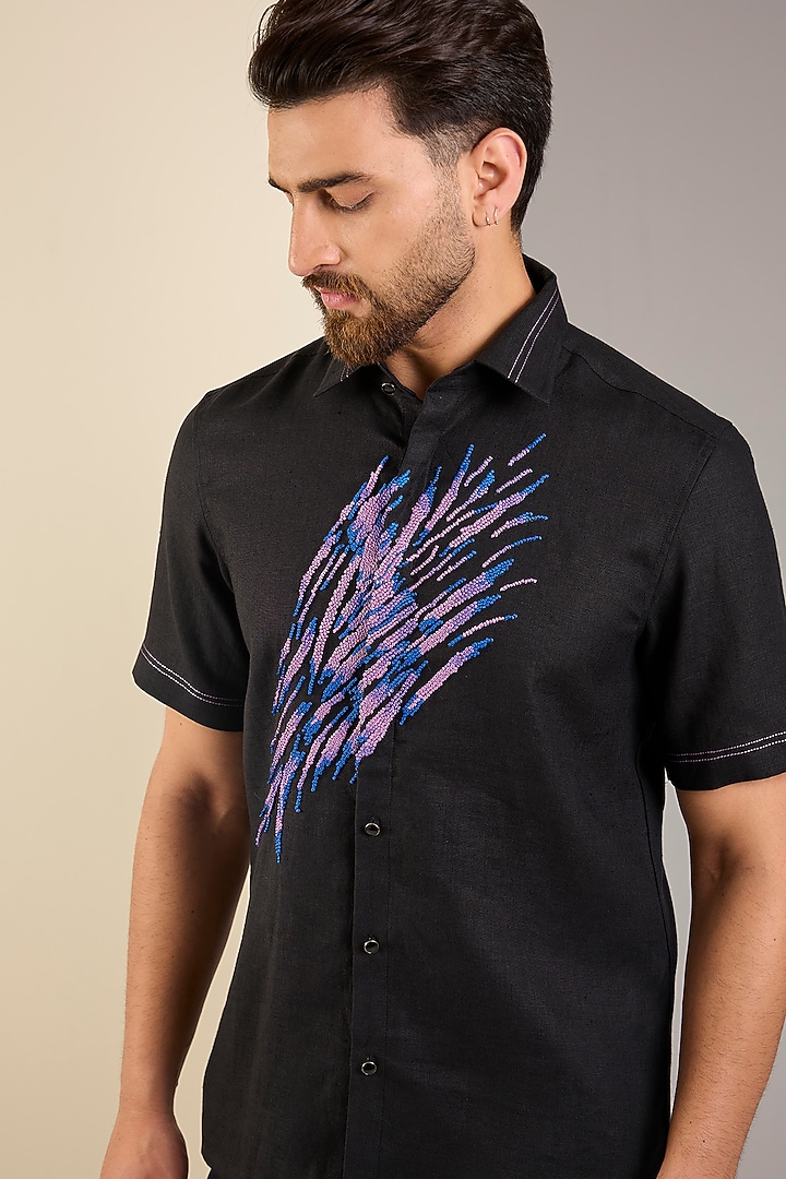 Black Linen Party Wear Shirt by Abkasa at Pernia's Pop Up Shop