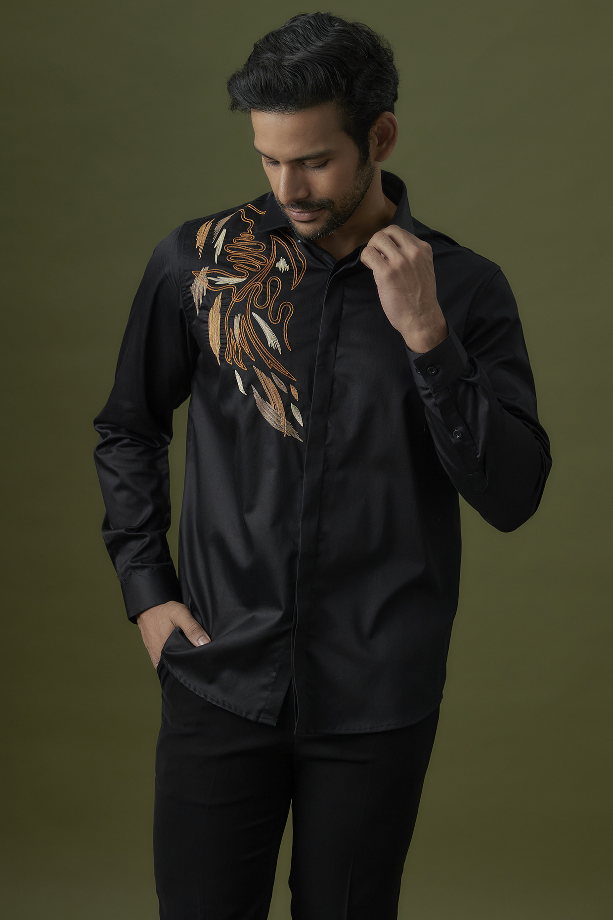 Black Cotton Satin Embroidered Shirt by Abkasa
