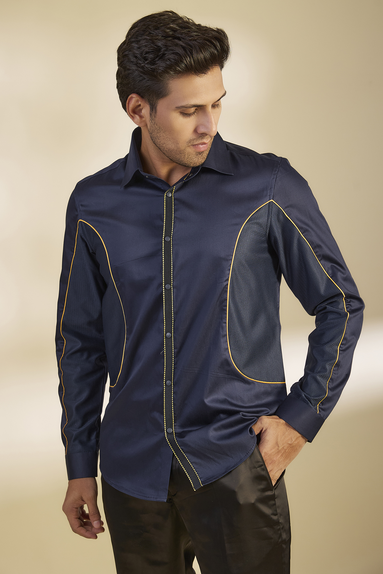 Navy Blue Cotton Satin Shirt by Abkasa