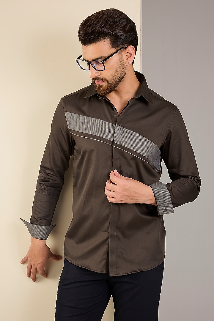 Brown Cotton Satin Party Wear Shirt by Abkasa at Pernia's Pop Up Shop