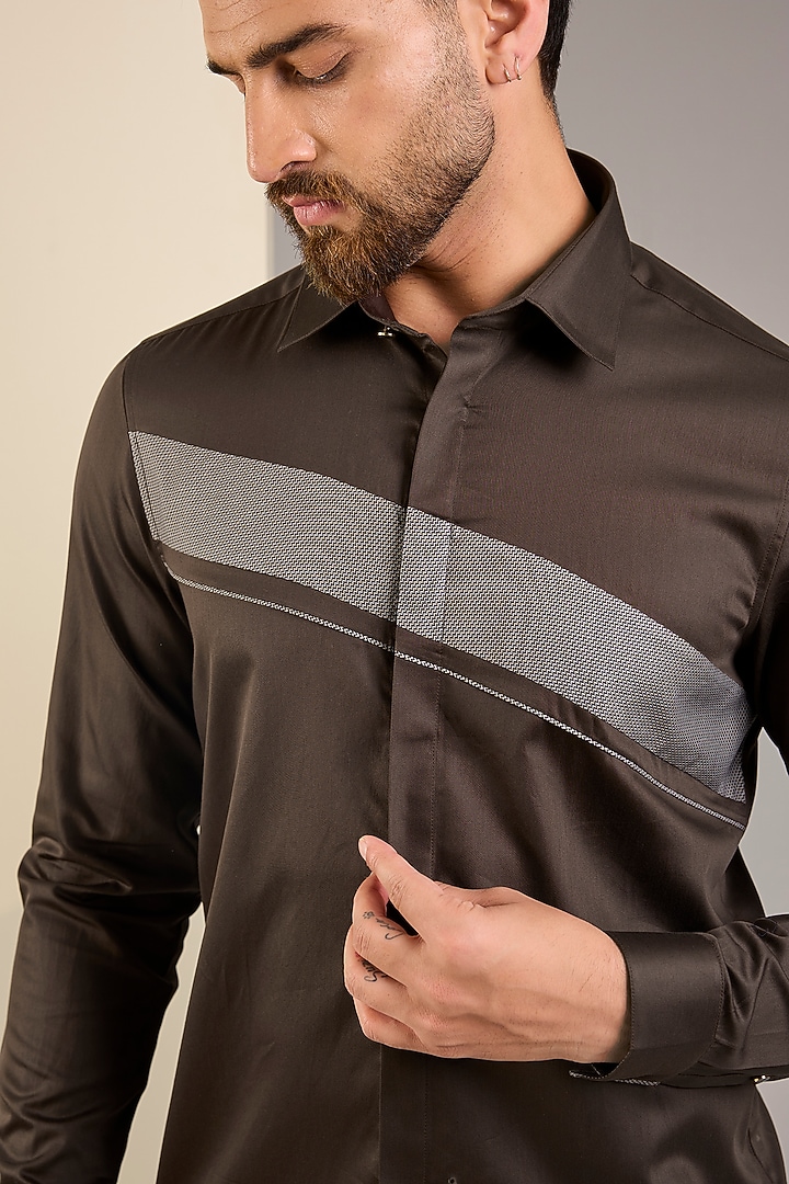 Brown Cotton Satin Party Wear Shirt by Abkasa at Pernia's Pop Up Shop