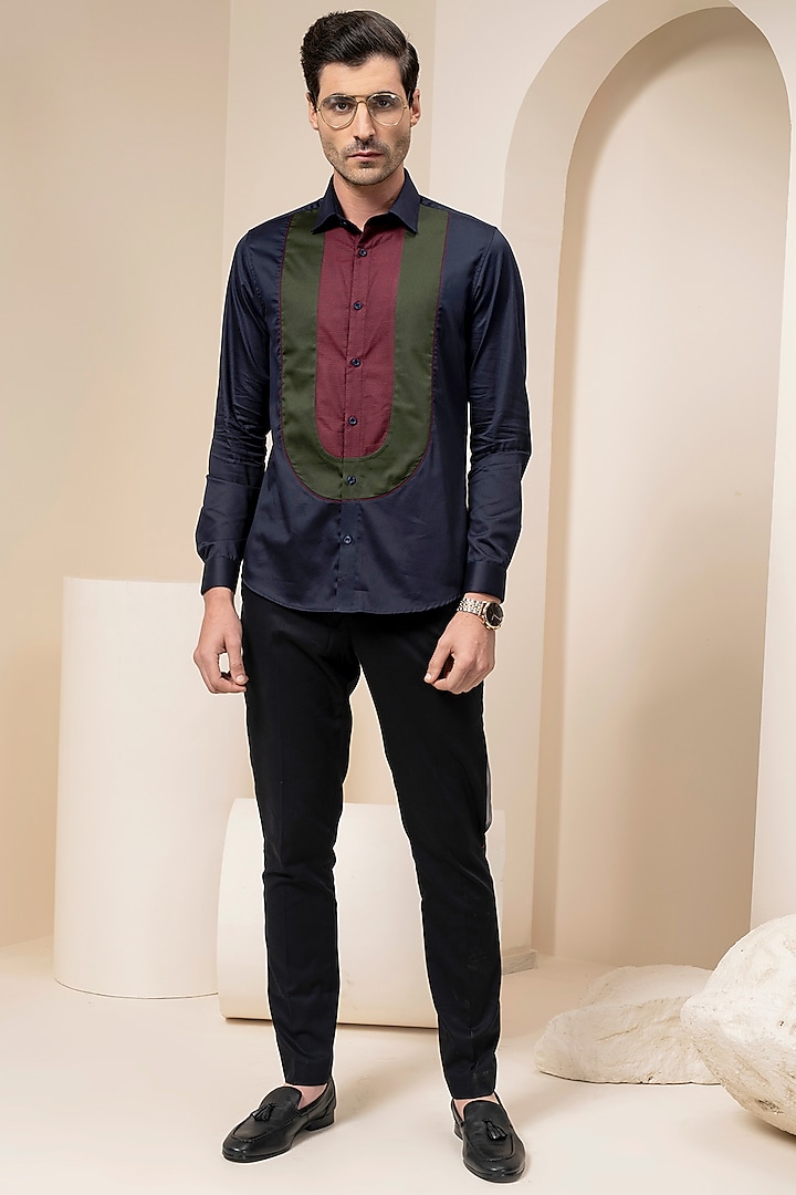 Navy Blue Color Blocked Shirt In Pure Cotton by Abkasa