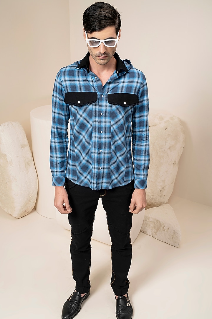 Butler Blue Checkered Shirt With Hoodie by Abkasa