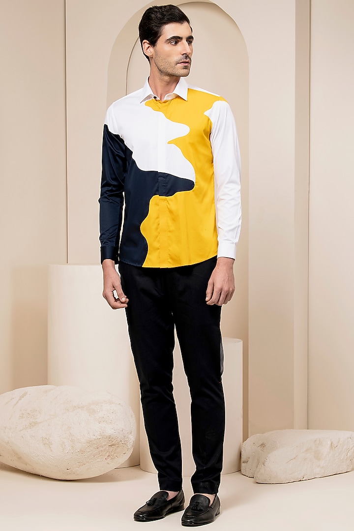 Yellow & Navy Color Blocked Shirt by Abkasa