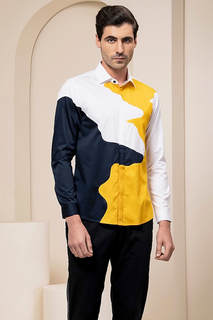 Yellow & Navy Color Blocked Shirt by Abkasa