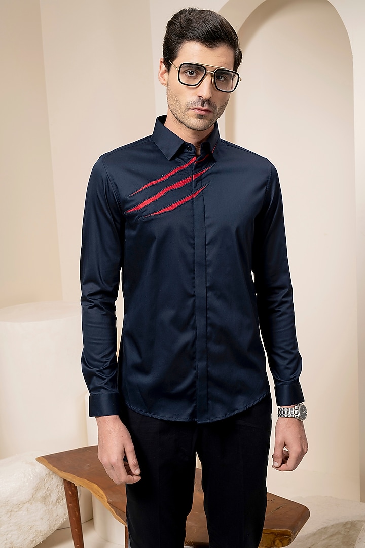 Navy Blue Summer Shirt With Mesh Patches by Abkasa at Pernia's Pop Up Shop