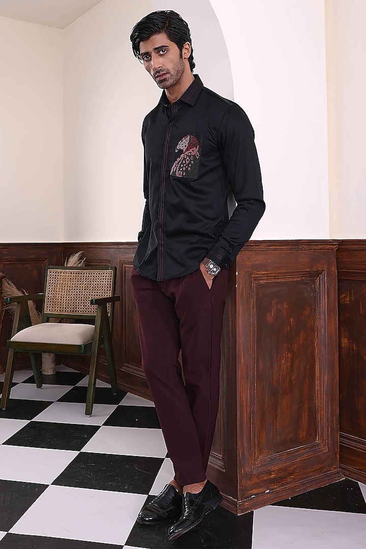Black Cotton Hand Embroidered Party Wear Shirt by Abkasa at Pernia's Pop Up Shop
