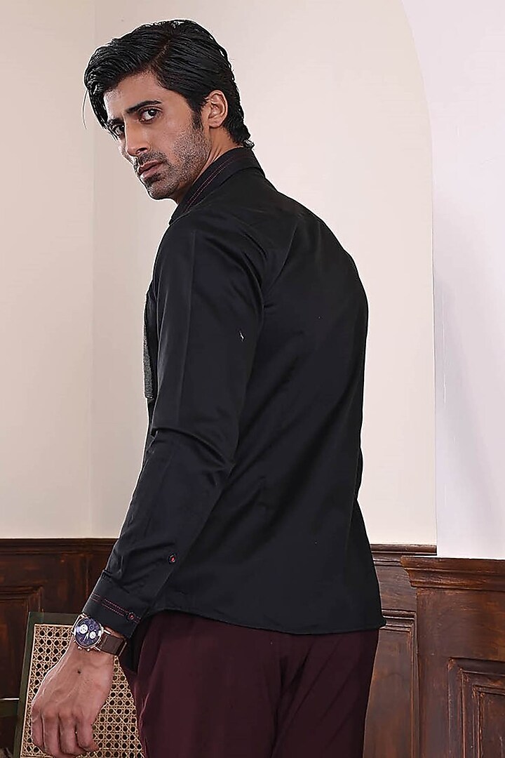 Black Cotton Hand Embroidered Party Wear Shirt by Abkasa at Pernia's Pop Up Shop