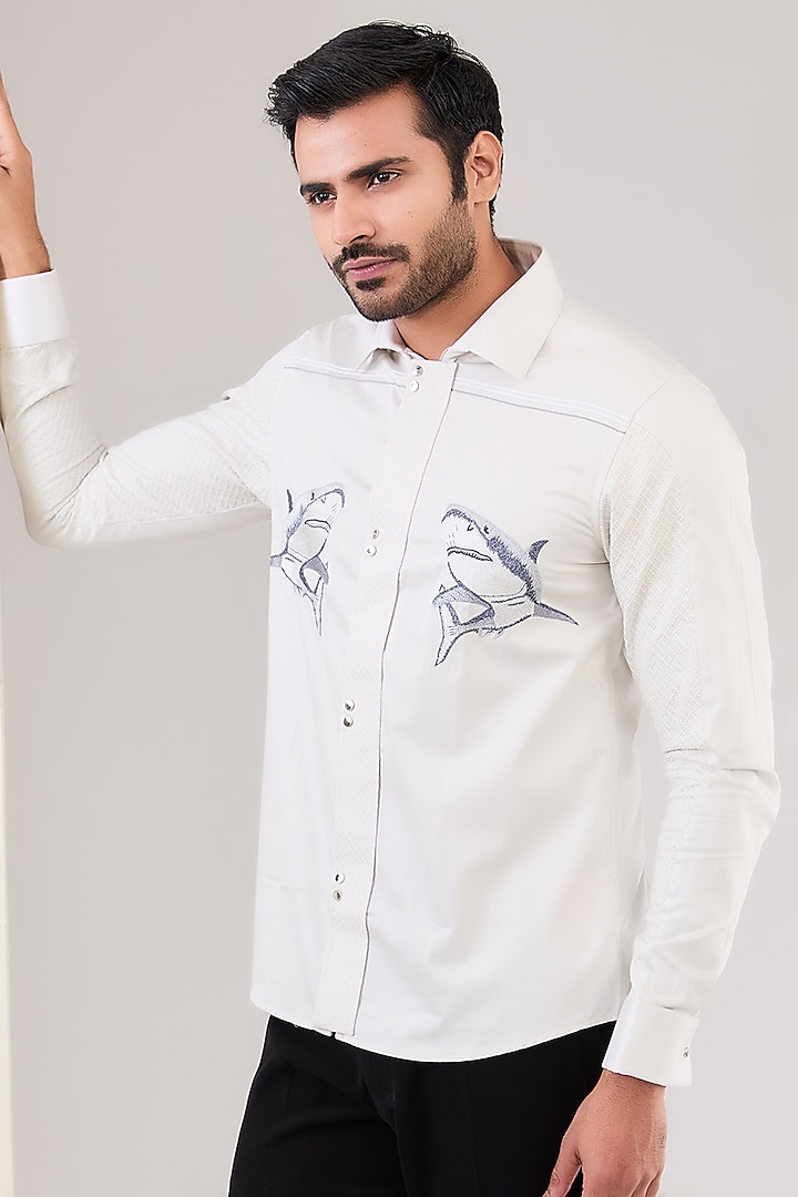 White Cotton Thread Hand Embroidered Shirt by Abkasa at Pernia's Pop Up Shop