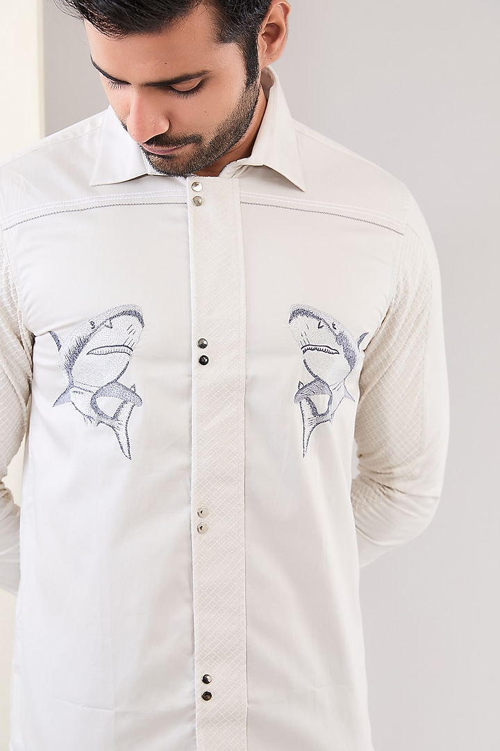 White Cotton Thread Hand Embroidered Wedding Shirt by Abkasa at Pernia's Pop Up Shop