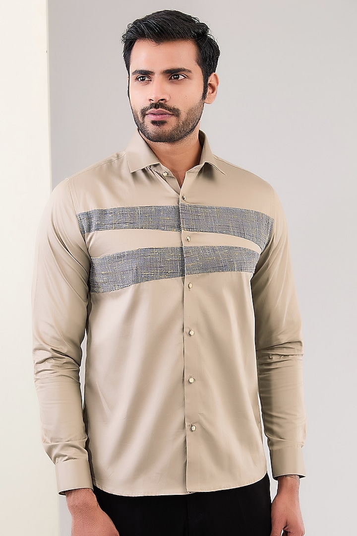 Beige Cotton Thread Hand Embroidered Shirt by Abkasa at Pernia's Pop Up Shop