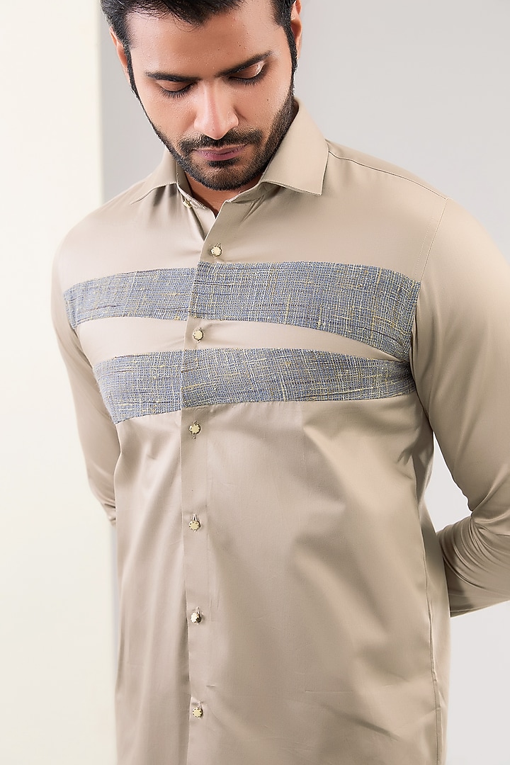 Beige Cotton Thread Hand Embroidered Party Wear Shirt by Abkasa at Pernia's Pop Up Shop