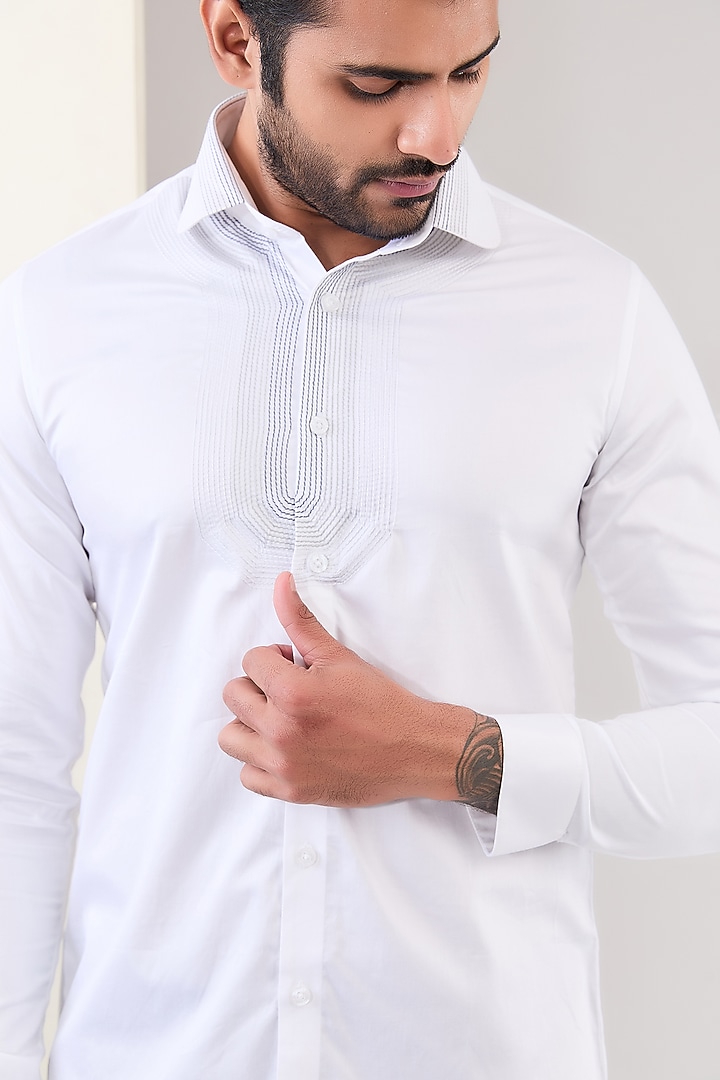 White Cotton Thread Hand Embroidered Party Wear Shirt by Abkasa at Pernia's Pop Up Shop