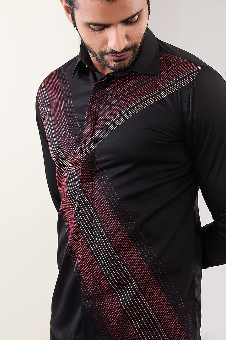 Black Cotton Thread Hand Embroidered Party Wear Shirt by Abkasa at Pernia's Pop Up Shop