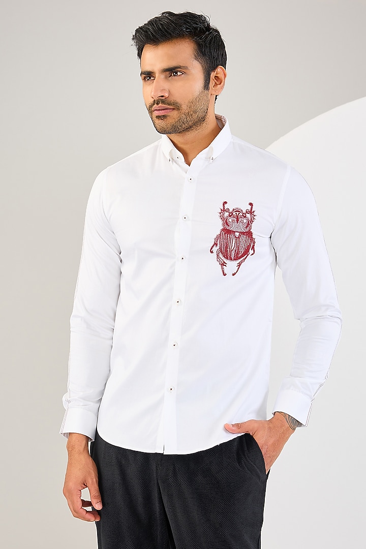 White Cotton Thread Hand Embroidered Shirt by Abkasa at Pernia's Pop Up Shop