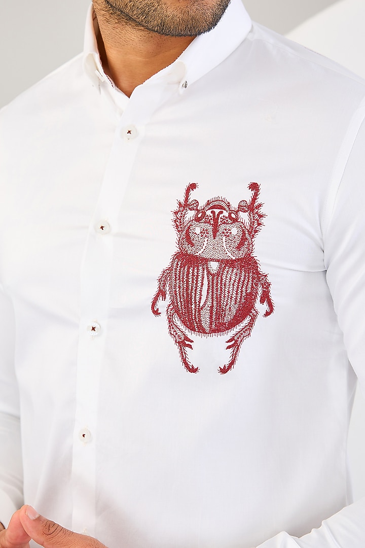 White Cotton Thread Hand Embroidered Shirt by Abkasa at Pernia's Pop Up Shop