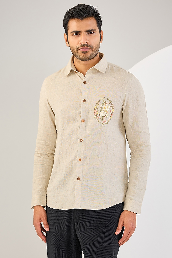Beige Cotton Thread Hand Embroidered Shirt by Abkasa at Pernia's Pop Up Shop