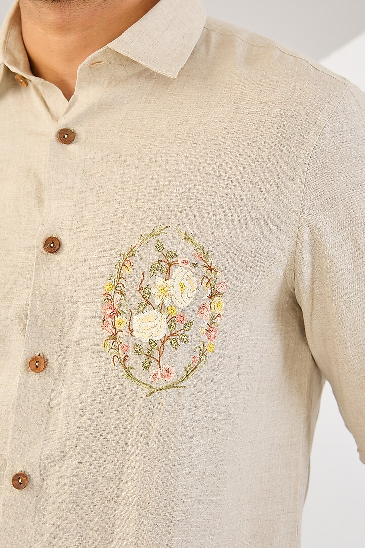 Beige Cotton Thread Hand Embroidered Shirt by Abkasa at Pernia's Pop Up Shop