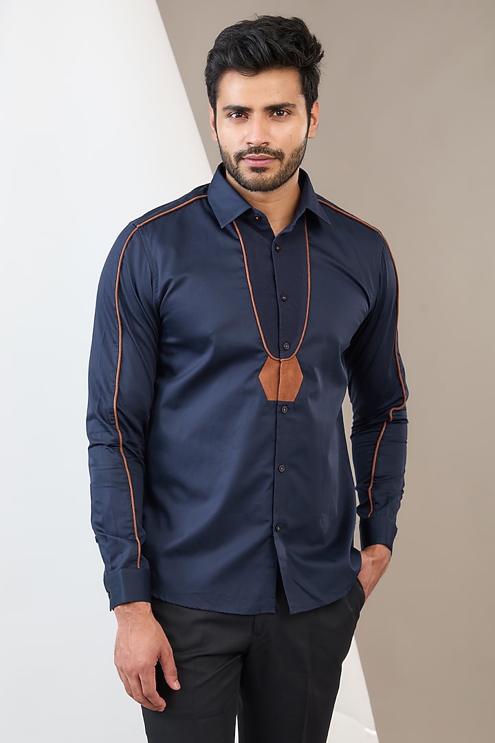 Navy Blue Cotton Party Wear Shirt by Abkasa at Pernia's Pop Up Shop