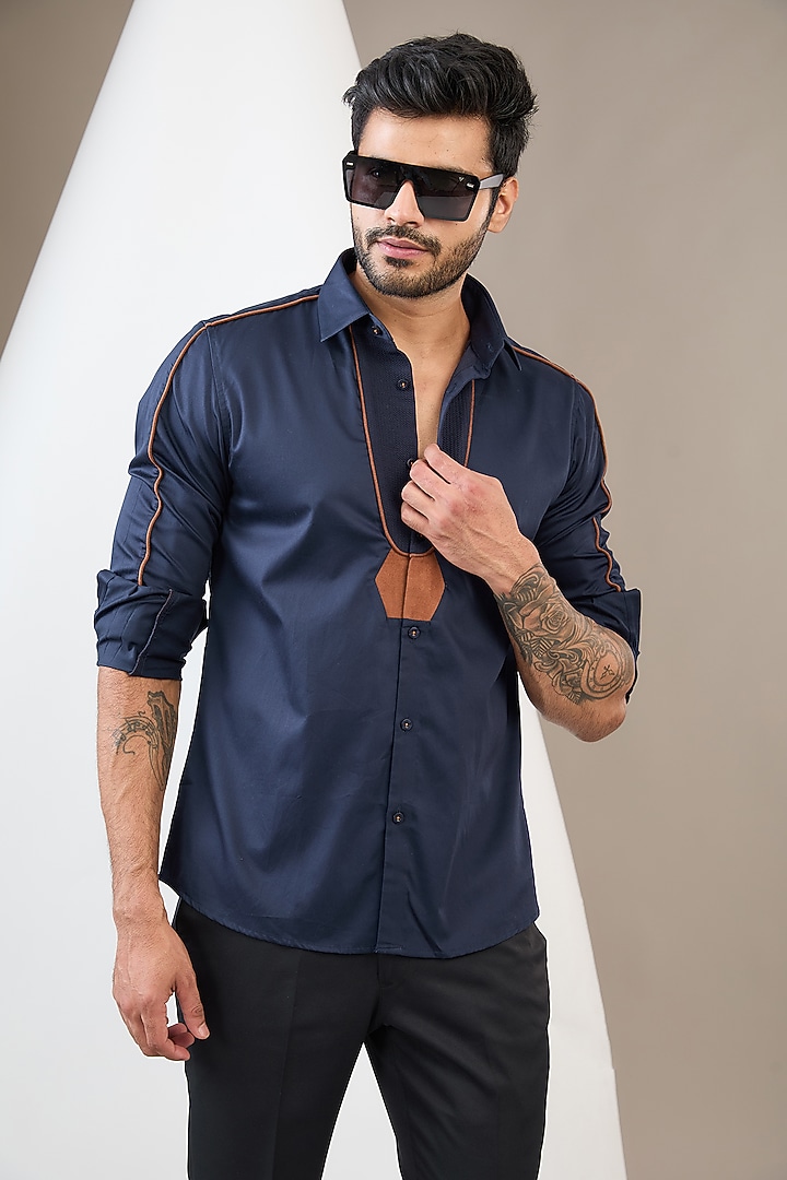 Navy Blue Cotton Party Wear Shirt by Abkasa at Pernia's Pop Up Shop