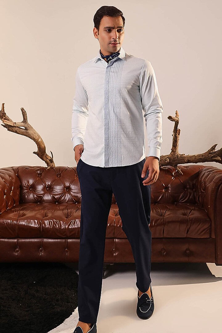 Light Blue Cotton Hand Embroidered Party Wear Shirt by Abkasa at Pernia's Pop Up Shop