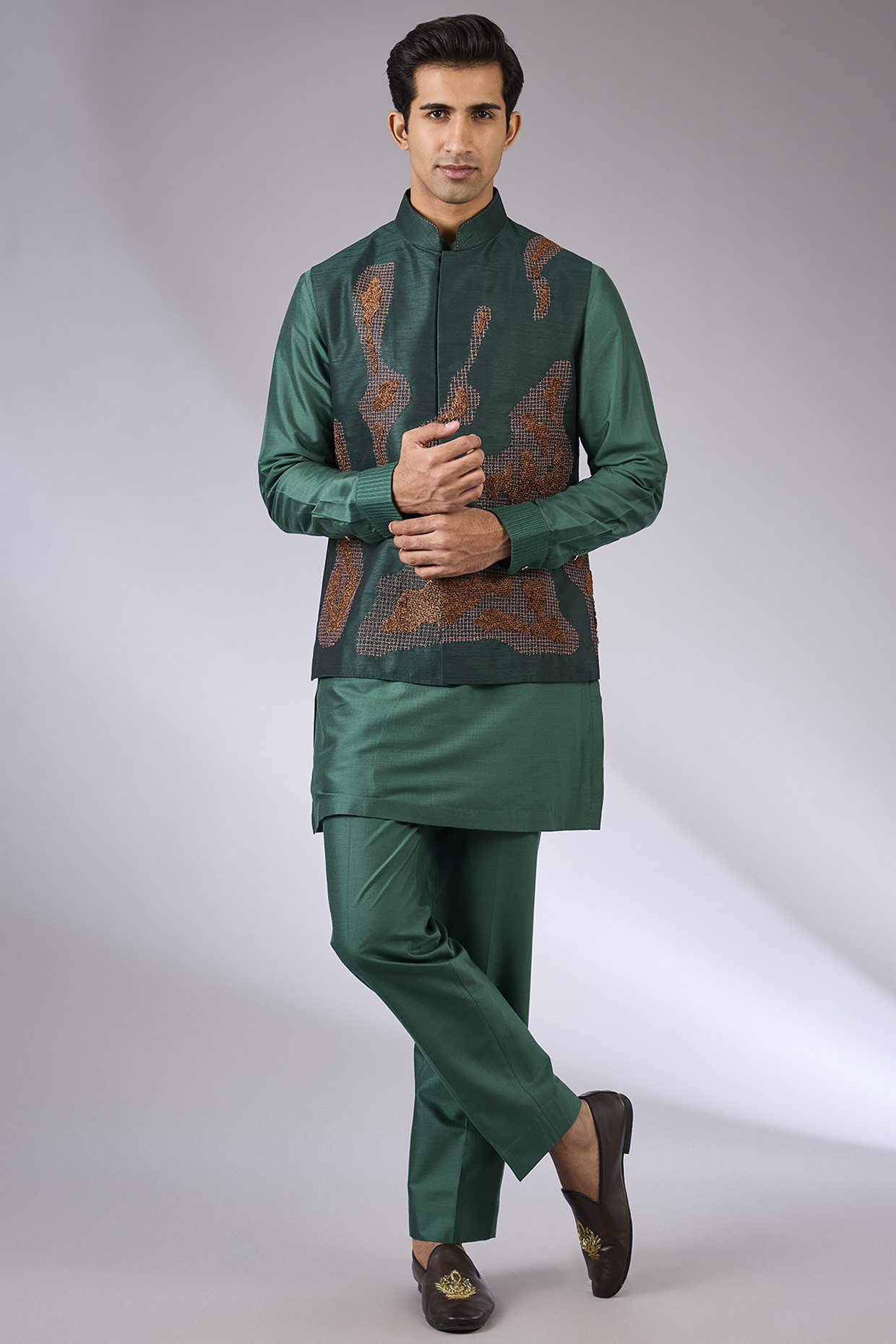 Moss Green Silk Nehru Jacket Set by Abkasa