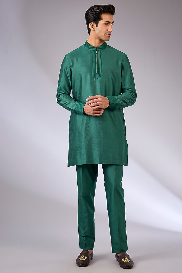 Moss Green Silk Nehru Jacket Set by Abkasa at Pernia's Pop Up Shop