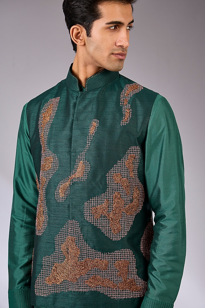 Moss Green Silk Nehru Jacket Set by Abkasa at Pernia's Pop Up Shop