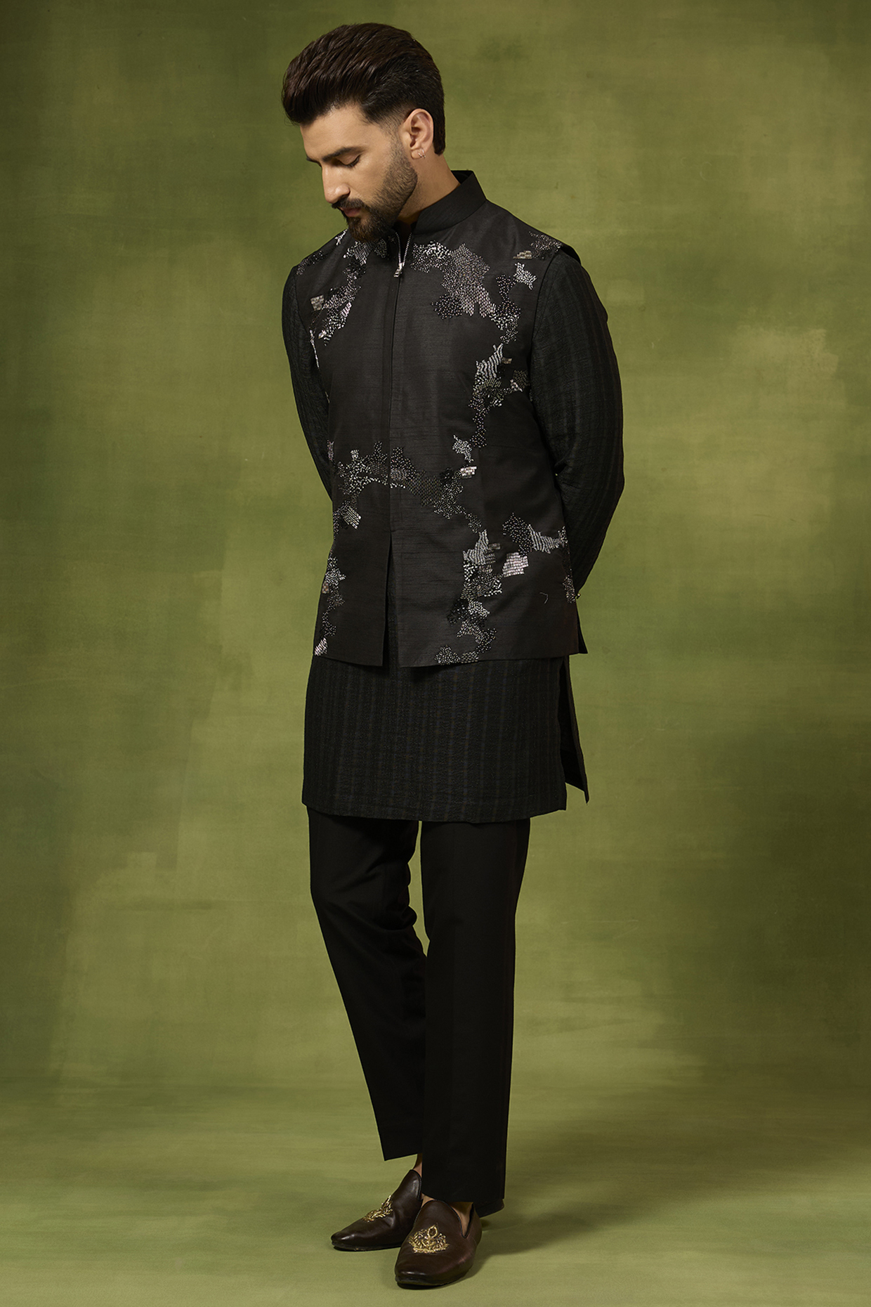 Black Georgette & Silk Threadwork Bundi Jacket Set by Abkasa