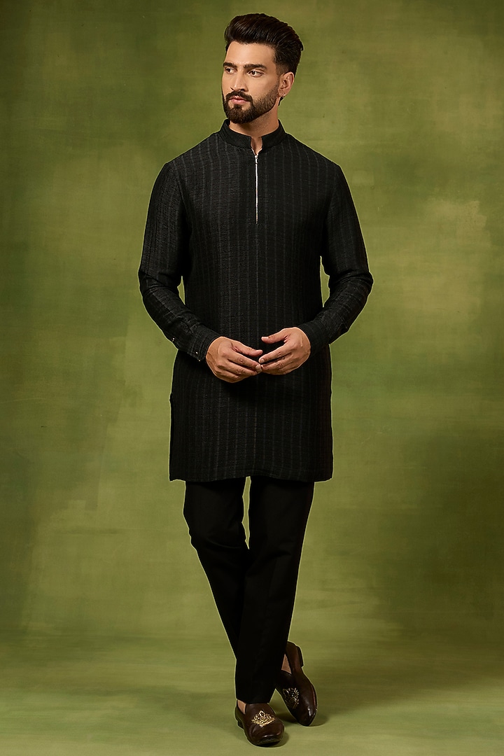 Black Georgette & Silk Threadwork Bundi Jacket Set by Abkasa at Pernia's Pop Up Shop