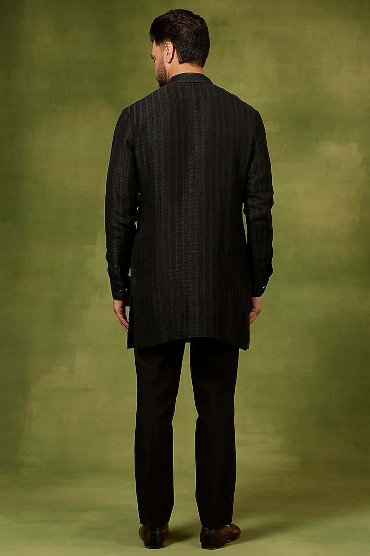 Black Georgette & Silk Threadwork Bundi Jacket Set by Abkasa at Pernia's Pop Up Shop